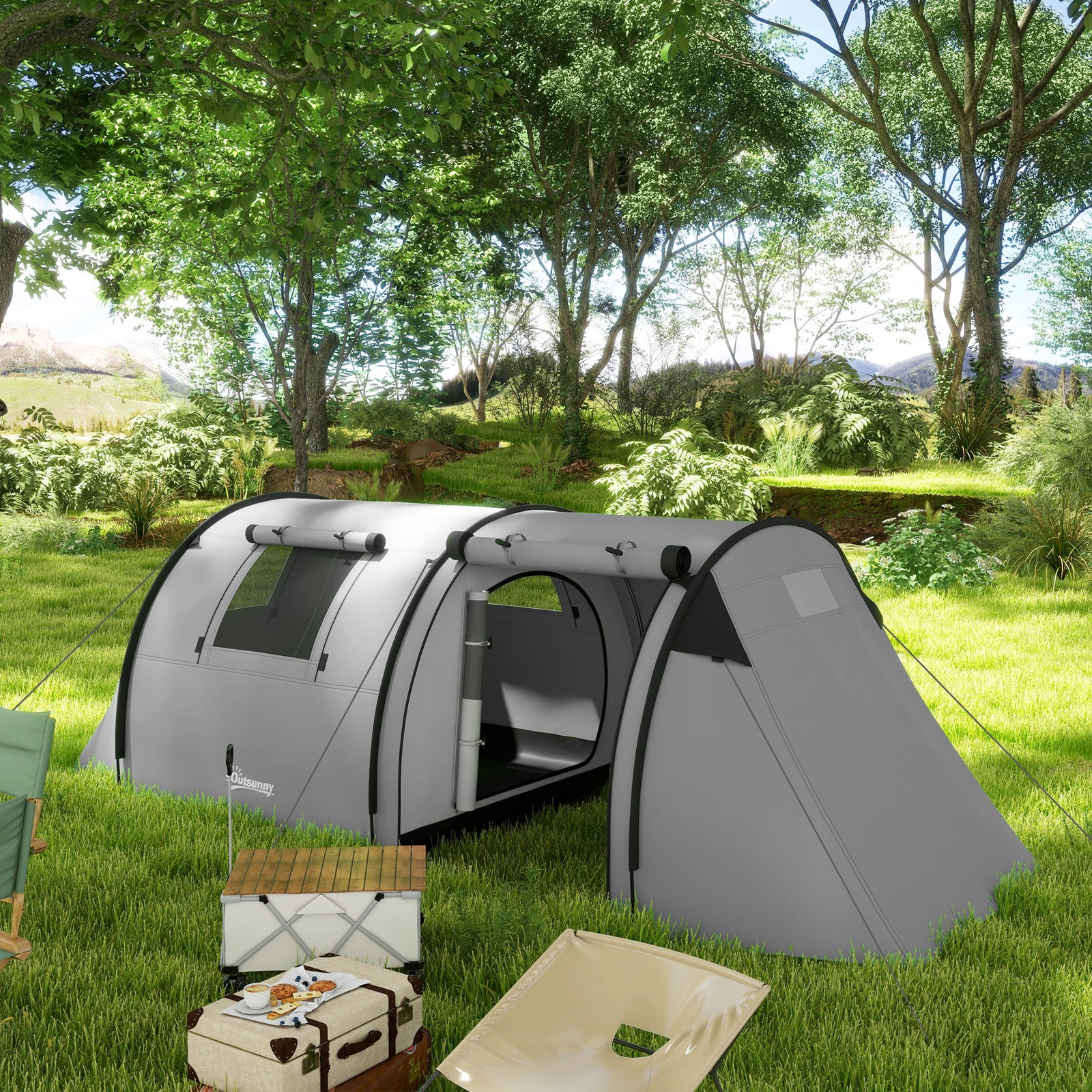 Four Man Duo Room Tunnel Tent, with Accessories - Grey