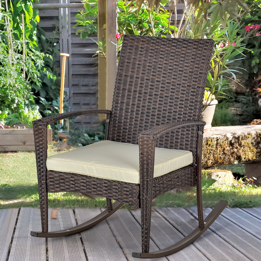 PE Rattan Garden Rocking Chair, Outdoor Rocking with Cushion, 160 KG Capacity Wicker Garden Armchair Rocker with Metal Frame for Patio, Porch, Balcony, Brown
