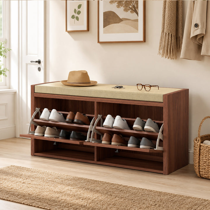 Rattan Shoe Bench with Padded Cushion and 2 Cabinets for Hidden Storag