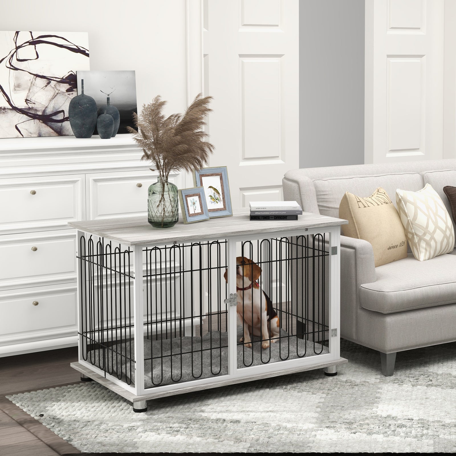 Indoor Dog Crate Furniture, Side End Table, with Soft Washable Cushion, Lockable Doors, for Large Dogs