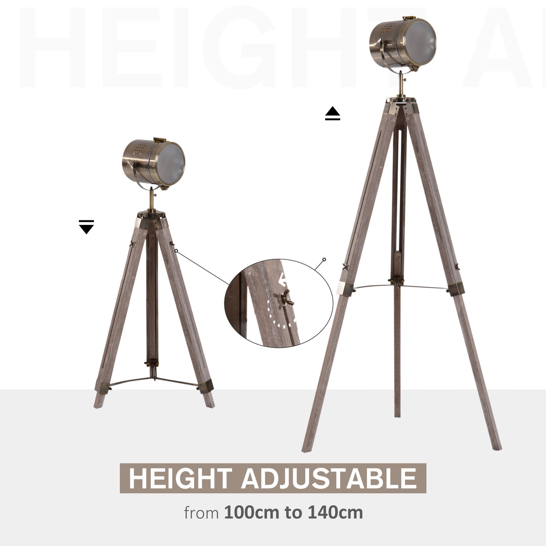 Industrial Tripod Floor Lamp, Nautical Searchlight with Adjustable Height, Wood Legs, E14 Lamp Base for Living Room, Bedroom, Grey and Bronze