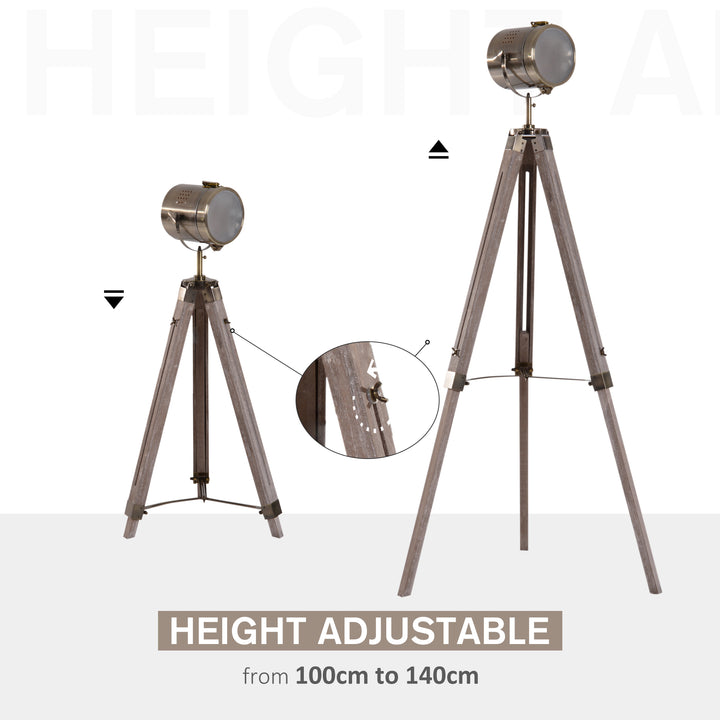 Industrial Tripod Floor Lamp, Nautical Searchlight with Adjustable Height, Wood Legs, E14 Lamp Base for Living Room, Bedroom, Grey and Bronze