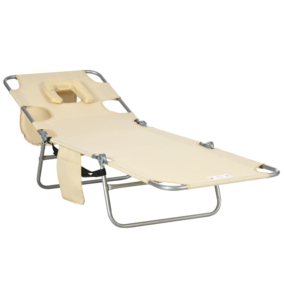 Foldable Sun Lounger, Beach Chaise Lounge with Reading Hole, Arm Slots, 5-Position Adjustable Backrest, Side Pocket, Pillow for Garden, Beach, Pool, Beige