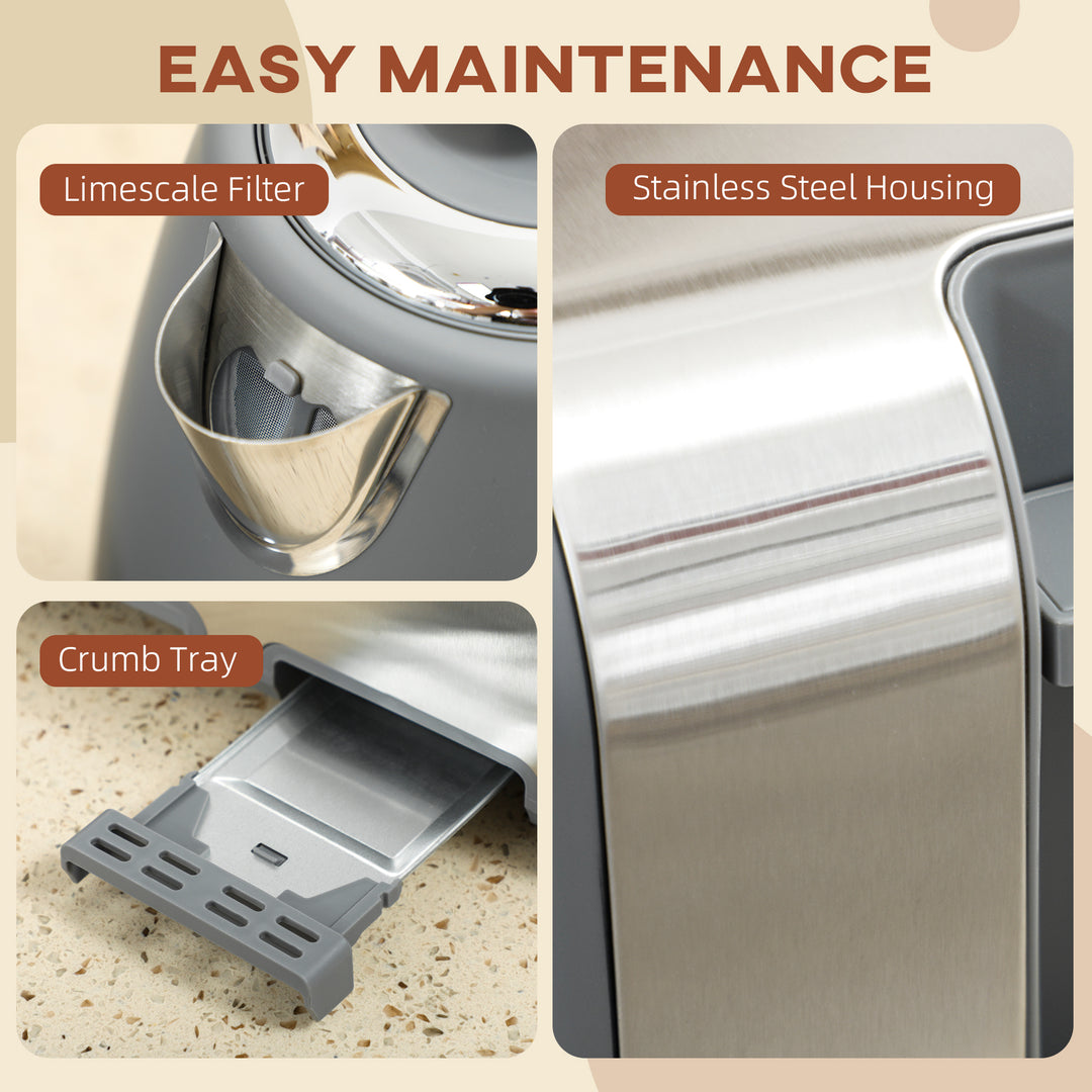 Stainless Steel Kettle and Toaster Set, 1.7L 3000W Rapid Boil Jug Kettle with UK Strix Thermostat, Limescale Filter, 4 Slice Toaster with 7 Browning Controls, Crumb Tray, Grey and Silver Tone
