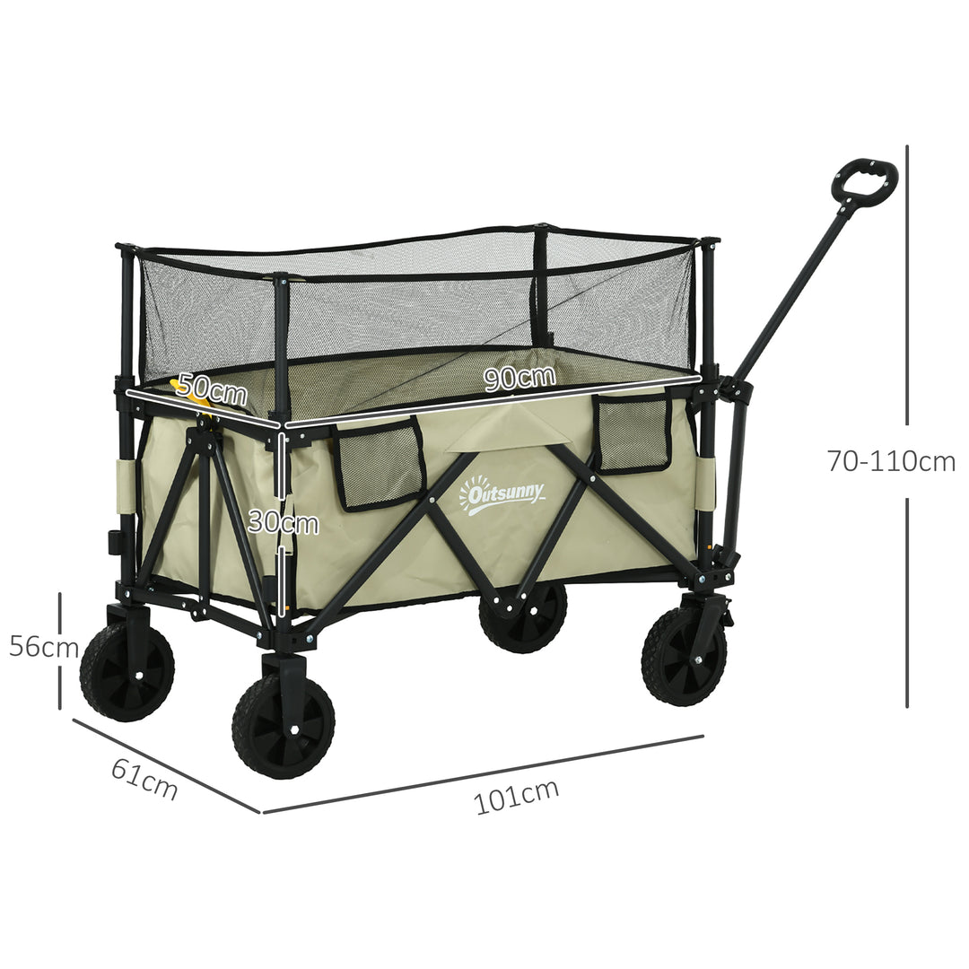 Outsunny Folding Trolley Wagon Cart, 180L with Extendable Side Walls for Beach, Camping, Festivals, Khaki