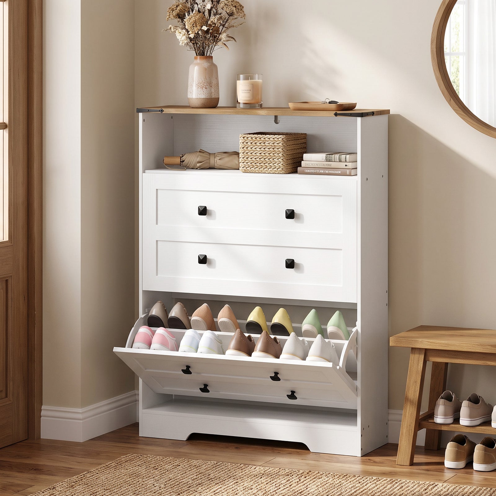 Shoe Cabinet with 2 Flip Drawers, Narrow Shoe Storage Cabinet, White