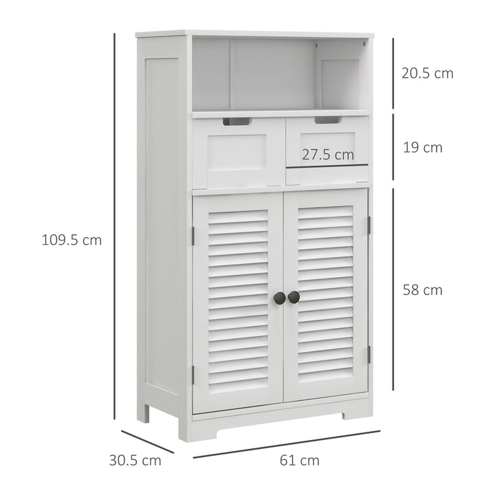 Kleankin Louvred Door Bathroom Storage Unit, Floor Cabinet with Drawers, Open Shelf, Adjustable Shelf, White | Aosom UK