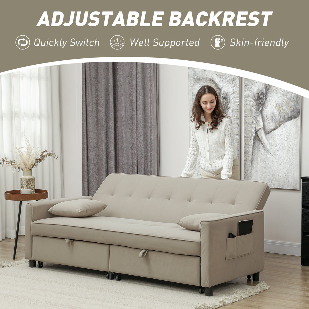 Three-Person Velvet-Feel Sofa Bed - Beige