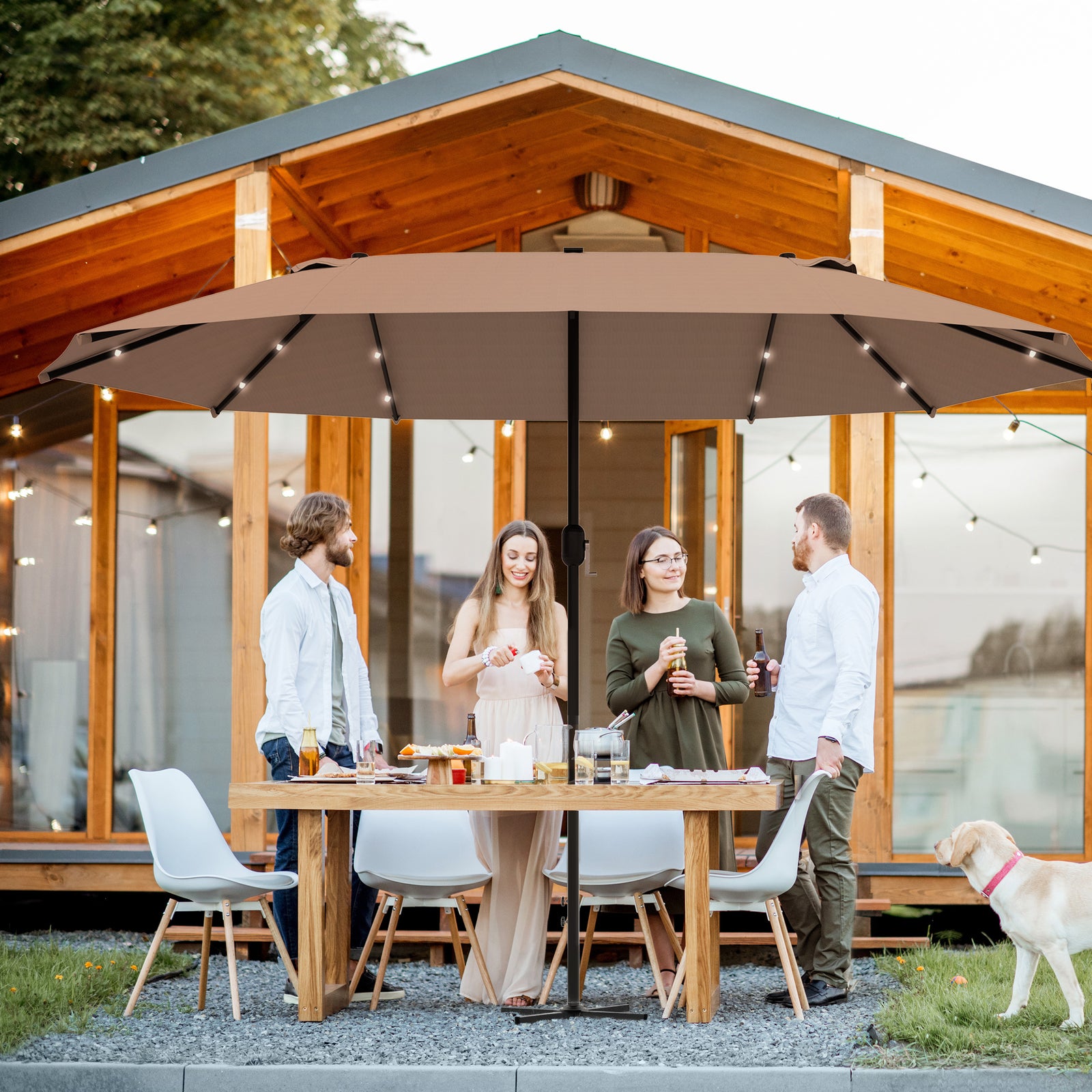 Garden Parasol 4.4m Double-Sided Sun Umbrella Patio Parasol LED Solar Lights Khaki