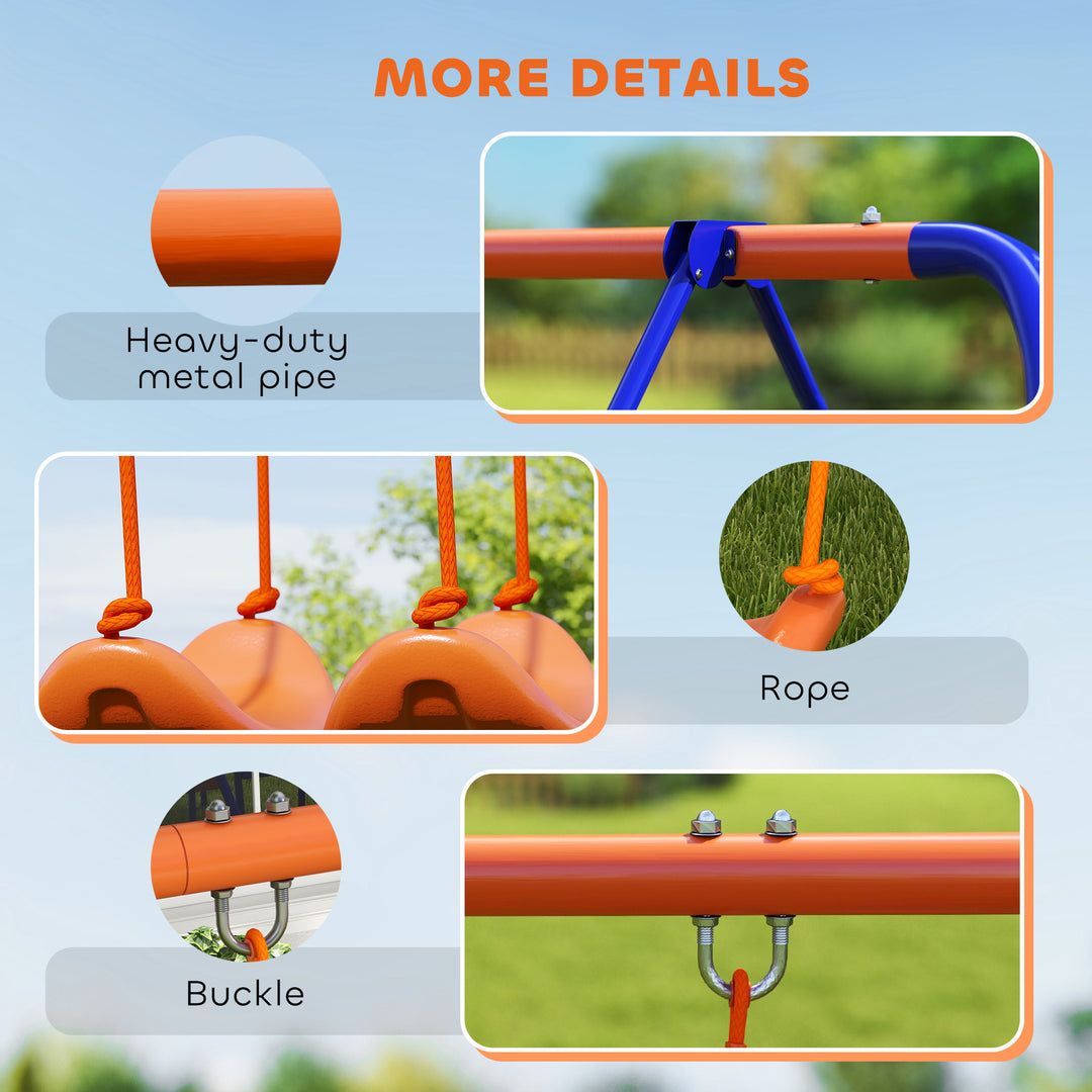 Four-In-One Metal Garden Swing Set, with Double Swings, Glider, Slider, Ladder - Orange and Blue