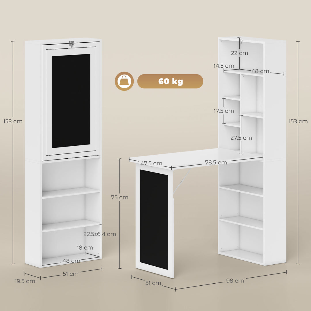 Wall Mounted Computer Desk, Folding Study Table with Black Board and Bookshelf, Multifunctional Floating Writing Desk for Home Office, White