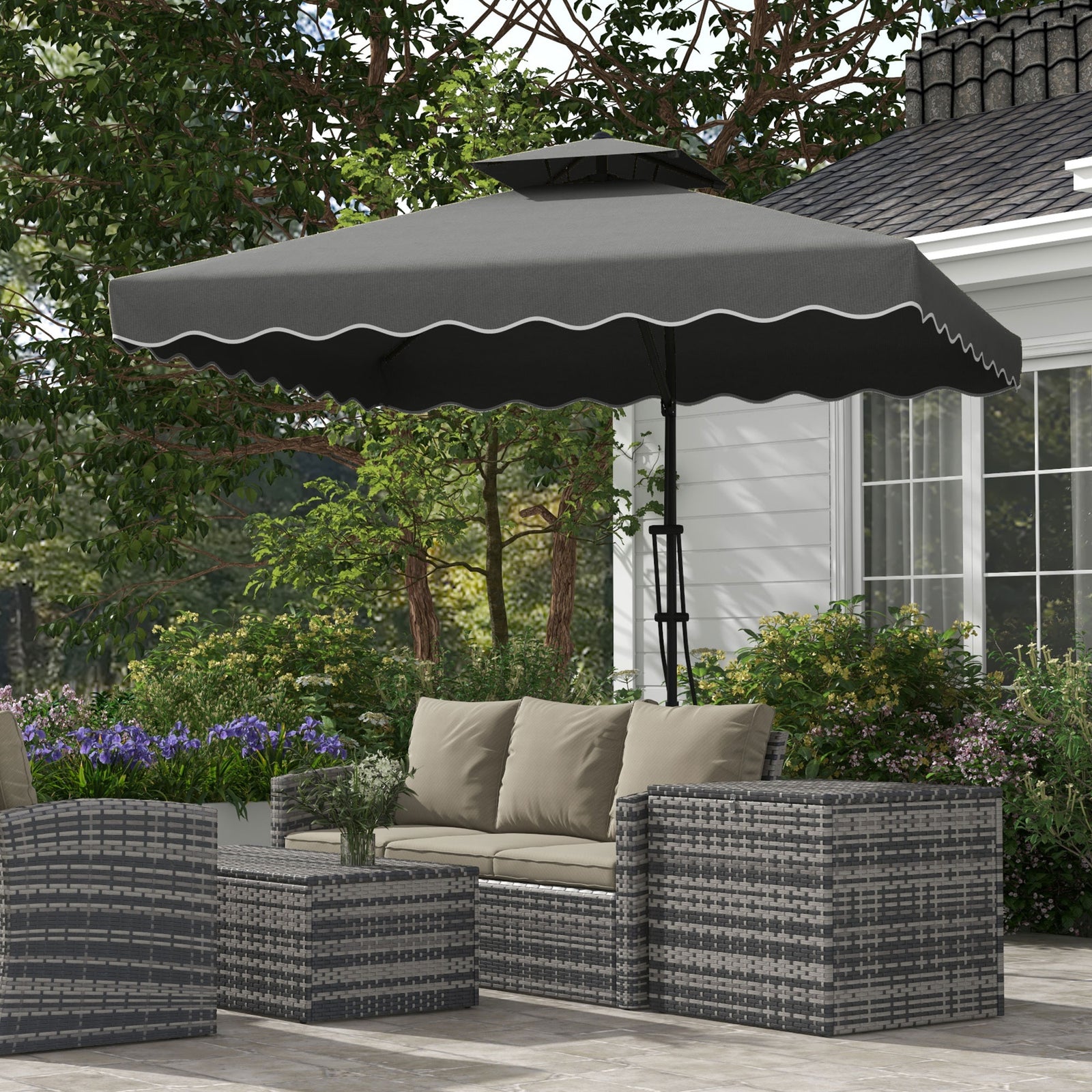 2.5m Square Double Top Garden Parasol Cantilever Umbrella with Ruffles, Dark Grey