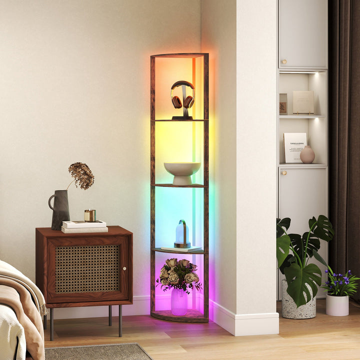 RGB LED Floor Lamp with Shelves, 5-Tier Dimmable Standing Lamp with Adjustable Brightness and Remote Control, Modern Corner Display Shelf Unit for Living Room Bedroom Office, Rustic Brown