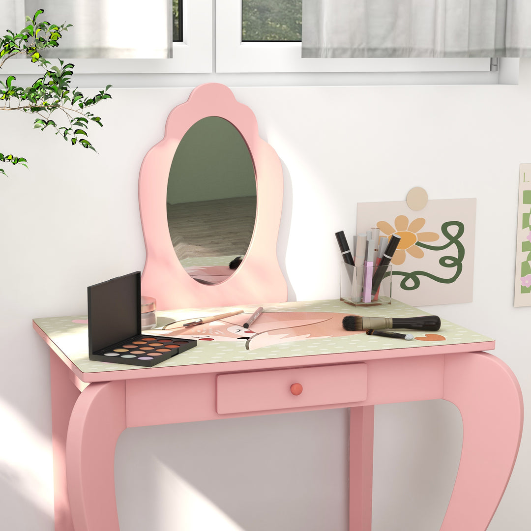 ZONEKIZ Kids Dressing Table with Mirror and Stool, Girls Vanity Table Makeup Desk with Drawer, Cute Animal Design, for 3