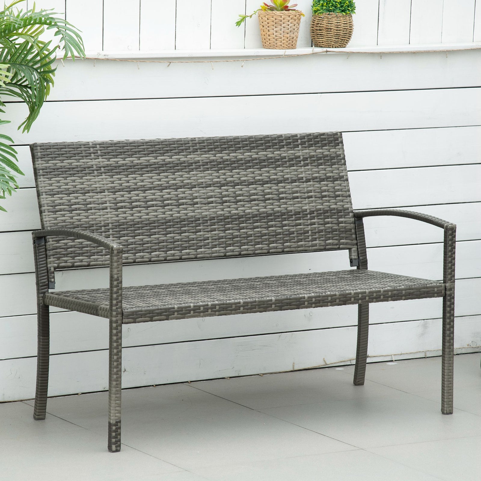2 Seater Poly Rattan Garden Bench, All Weather Wicker Garden Loveseat, Outdoor Seating Bench with 240 Load Capacity, Backrest and Armrests for Patio, Terrace, Balcony, Grey
