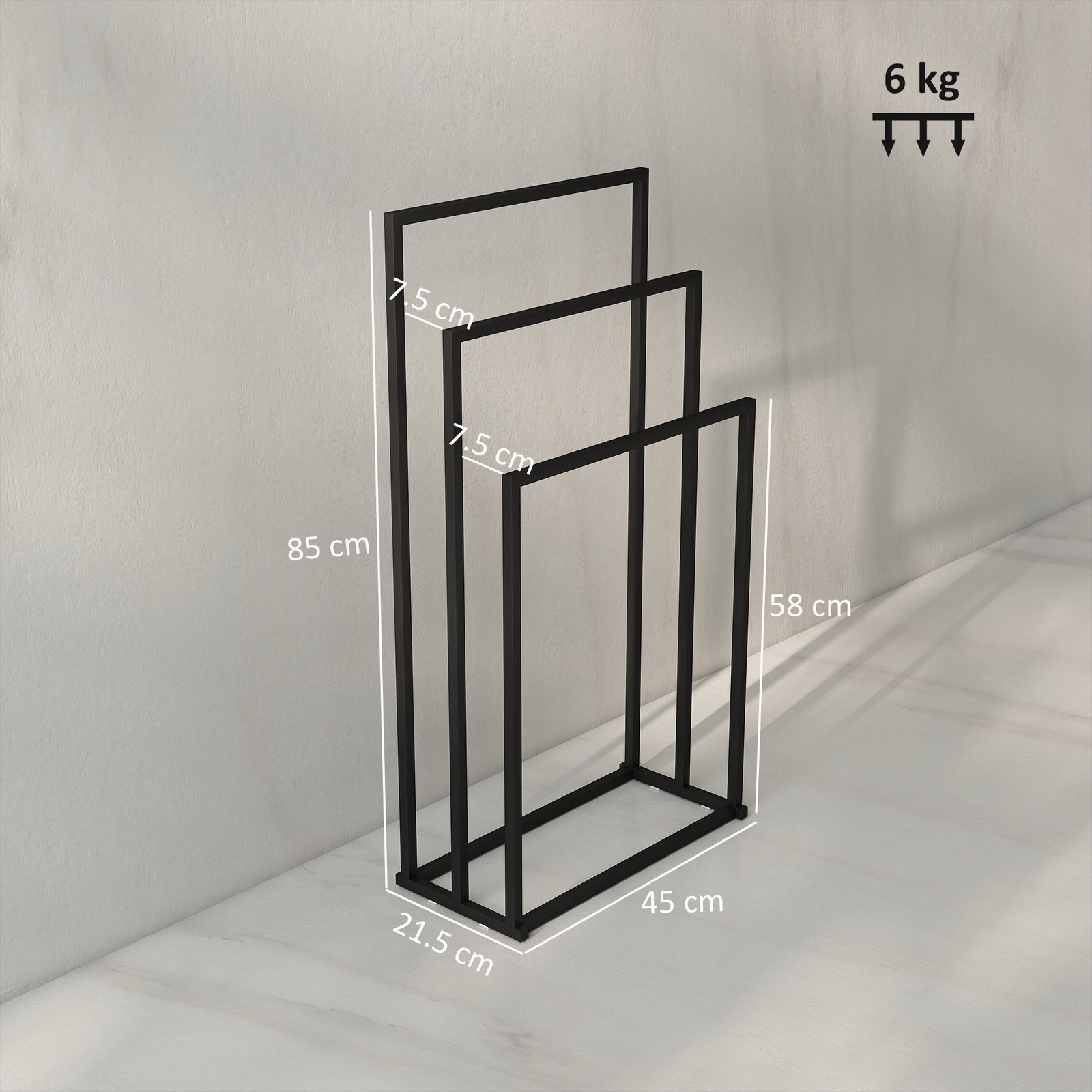 Freestanding Towel Rack, Steel Towel Rail Holder with 3 Bars, Black