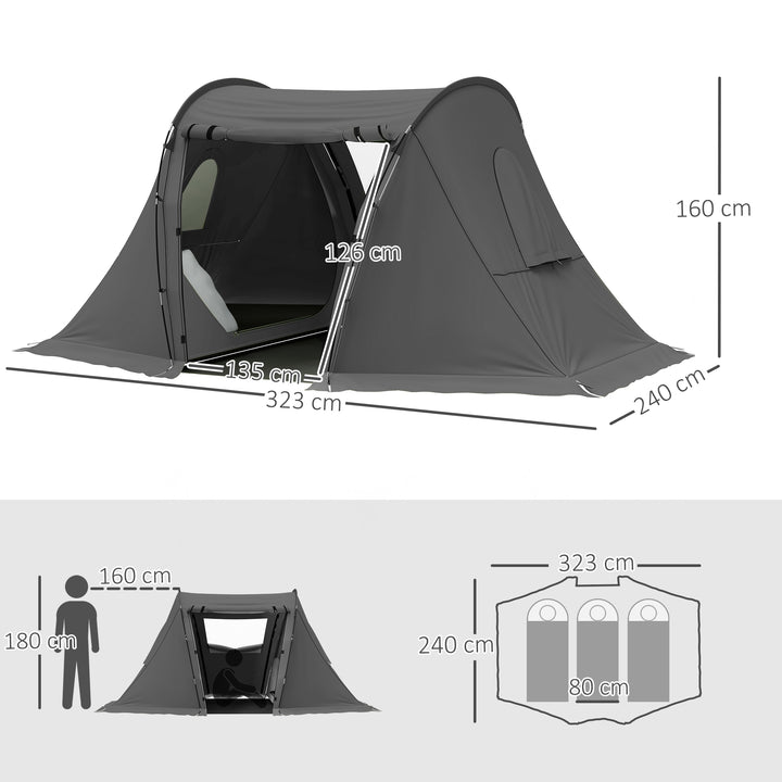 3 Man Camping Tent with Living Area and 2 Bedrooms, 3000mm Waterproof Family Tent with Sewn-in Groundsheet, Portable Dome Tent with Bag for Hiking, Festival, Backpacking, Drak Grey