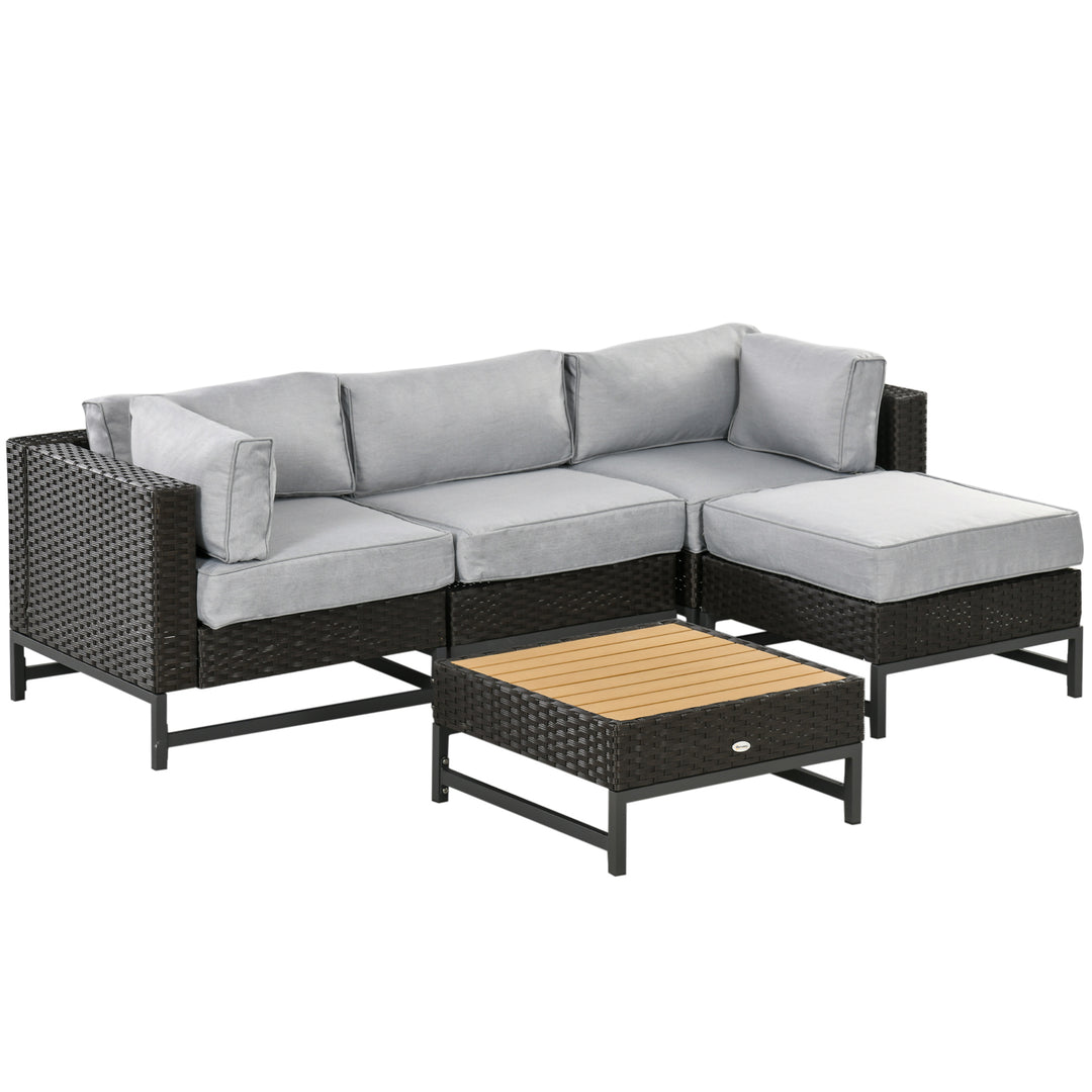 5 Piece Outdoor PE Rattan Corner Sofa Set with Cushions, Wicker Rattan Garden Furniture with Wood-Effect Top Table, Brown