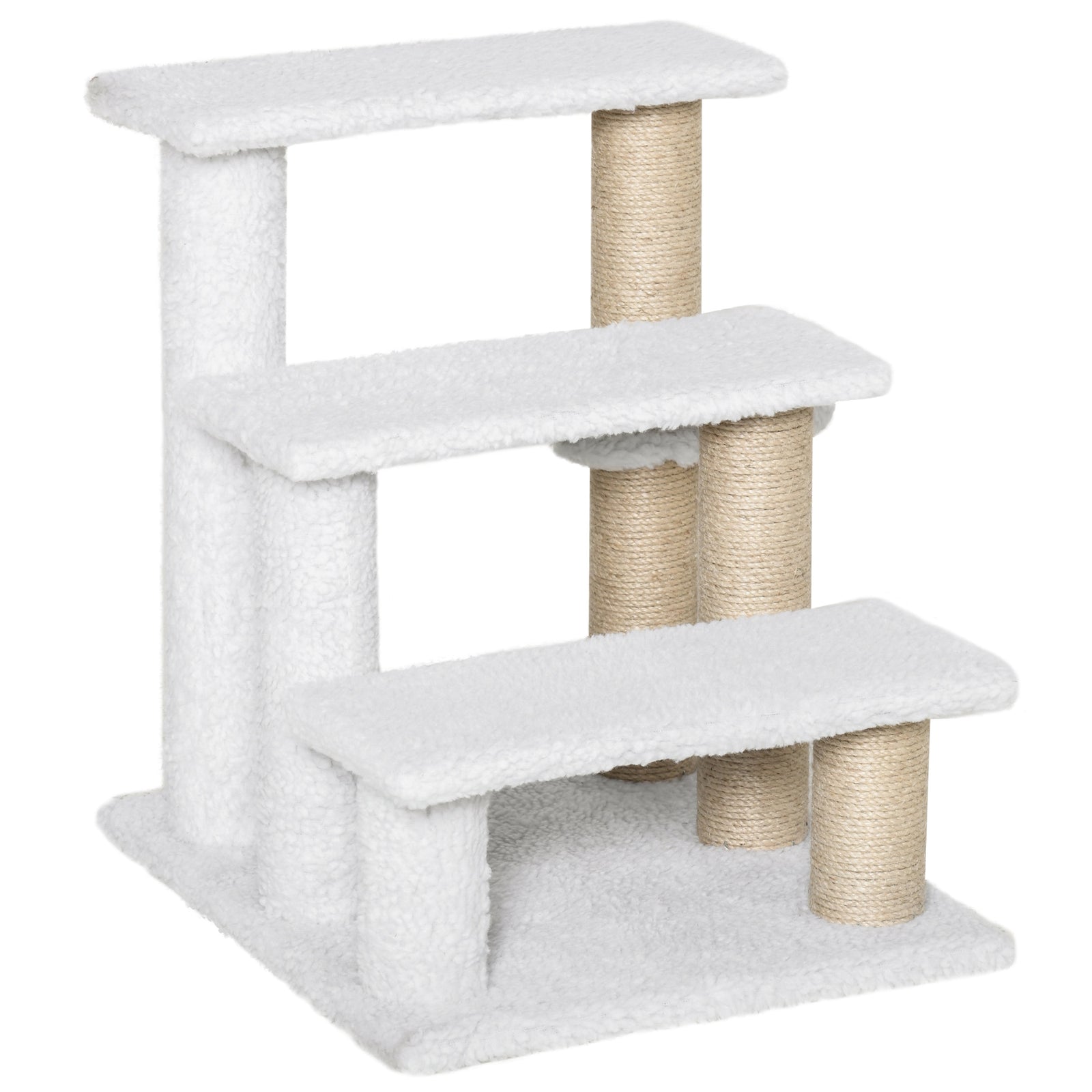 Pet Stair with 3-step Climb Ladder, Scratching Posts, Platforms, Toy Ball, for Indoor Elderly Cats Kittens, White