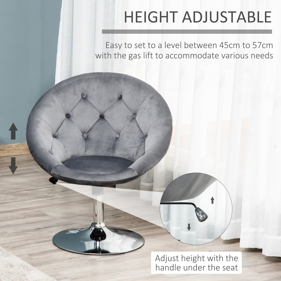 Swivel Dressing Stool, Velvet-feel Upholstered Vanity Chair, Adjustable Height Tub Makeup Chair with Button Tufting and Thick Padding for Bedroom, Grey