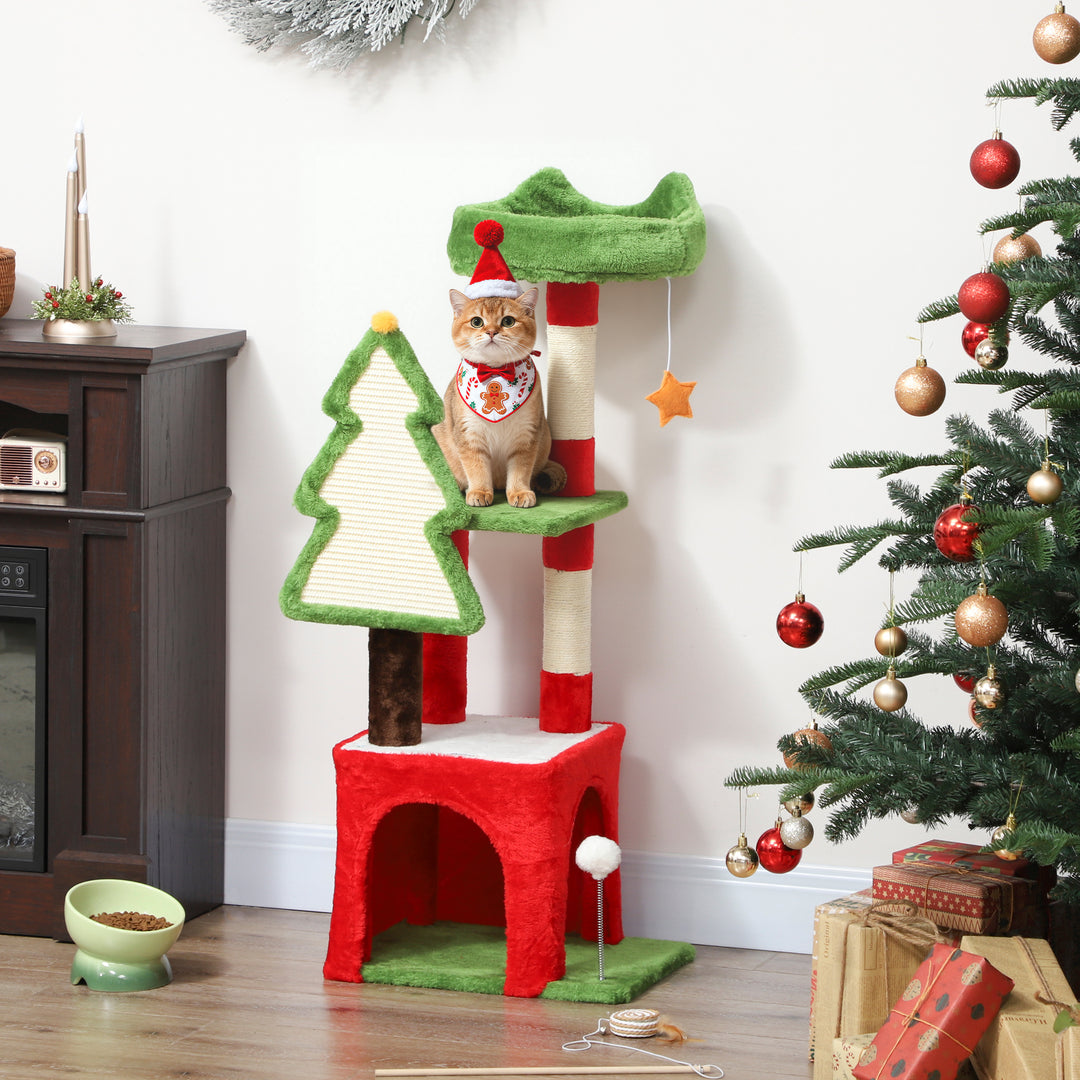 Christmas Cat Tree, 120cm Cat Tower with Scratching Post &amp; Board, Plat