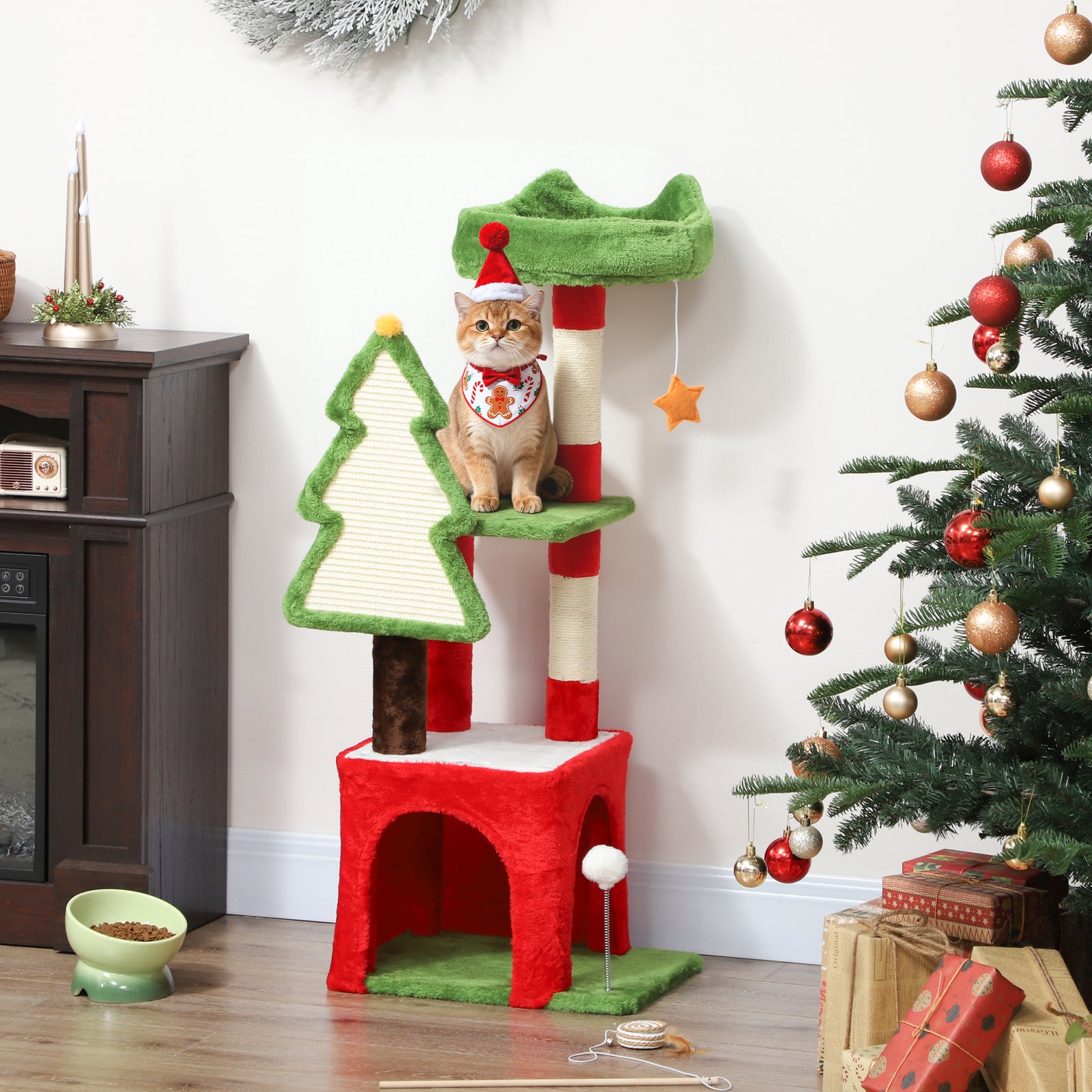 Christmas Cat Tree, 120cm Cat Tower with Scratching Post & Board, Plat