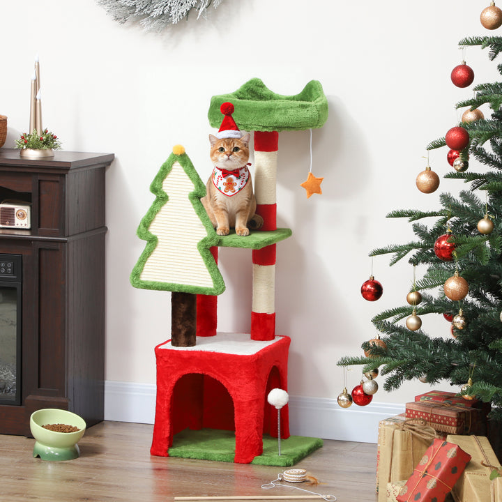 Christmas Cat Tree, 120cm Cat Tower with Scratching Post &amp; Board, Plat