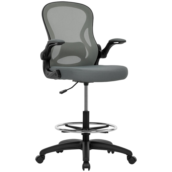 Draughtsman Chair with Flip-up Armrests, Mesh Standing Desk Chair with Lumbar Support and Adjustable Foot Ring for Bar Counter, Charcoal Grey