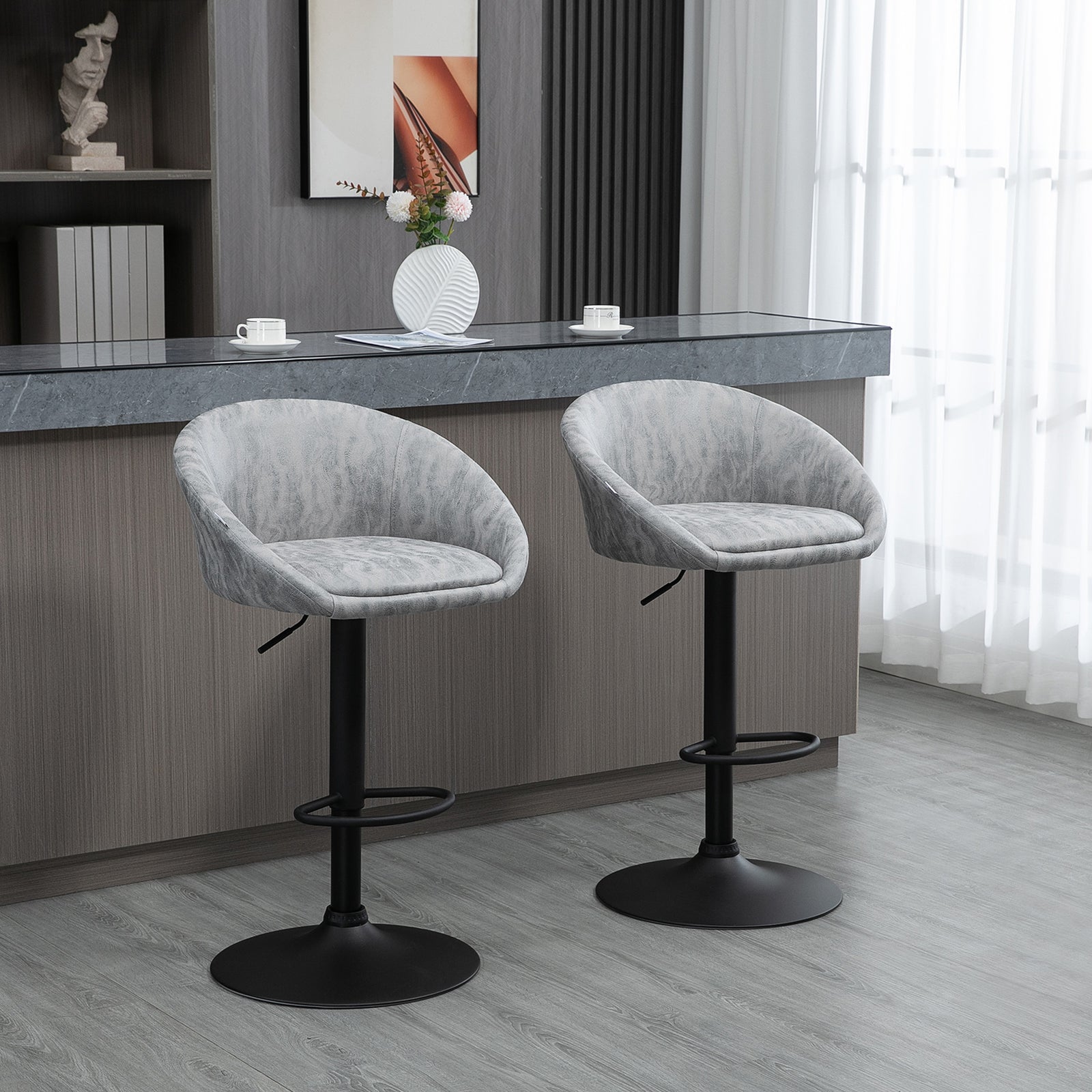 Modern Bar Stools Set of 2, Height Adjustable Swivel Barstools, PU Leather Upholstered Bar Chair with Backrest, Armrests and Footrest for Breakfast Bar, Counter, Kitchen, Light Grey
