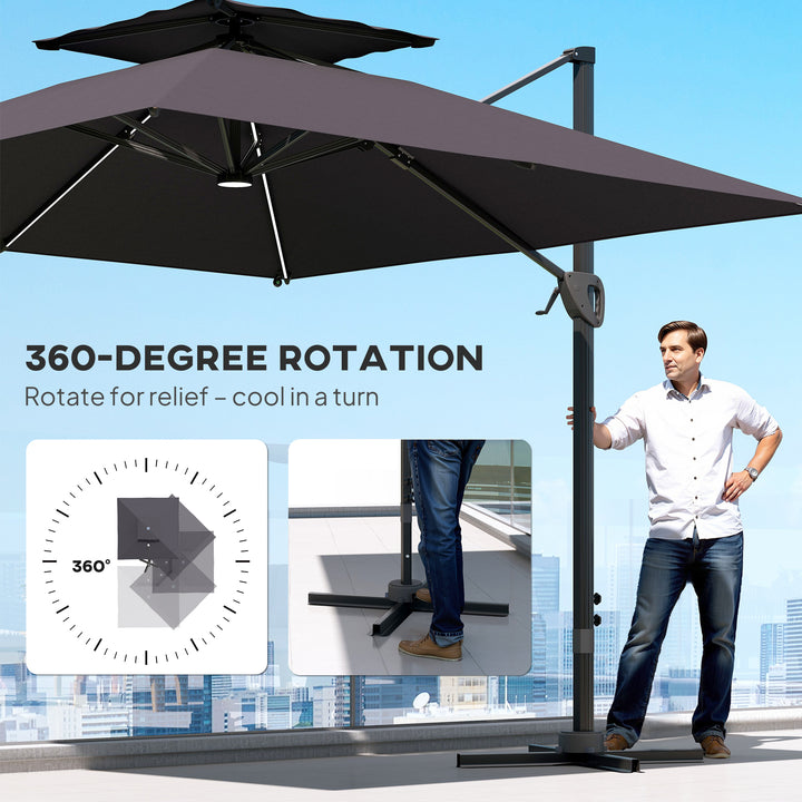3.5x3 m Garden Cantilever Parasol with Solar LED Lights and Centre Light, Aluminium Large Square Patio Umbrella, UPF50+ Hanging Sun Shade with Cross Base, Crank Handle and Tilt, Grey