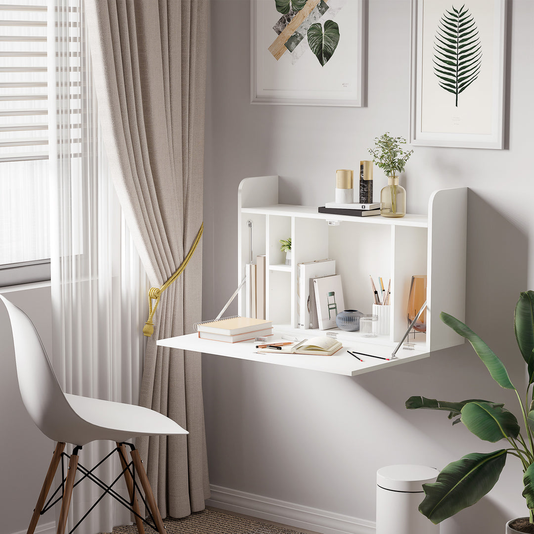 Wall Mounted Table, Drop Leaf Floating Laptop Desk with Space Saving Storage Compartments for Home Office and Study, 77cm x 20cm x 51cm, White
