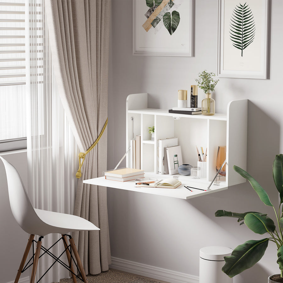 Wall Mounted Table, Drop Leaf Floating Laptop Desk with Space Saving Storage Compartments for Home Office and Study, 77cm x 20cm x 51cm, White
