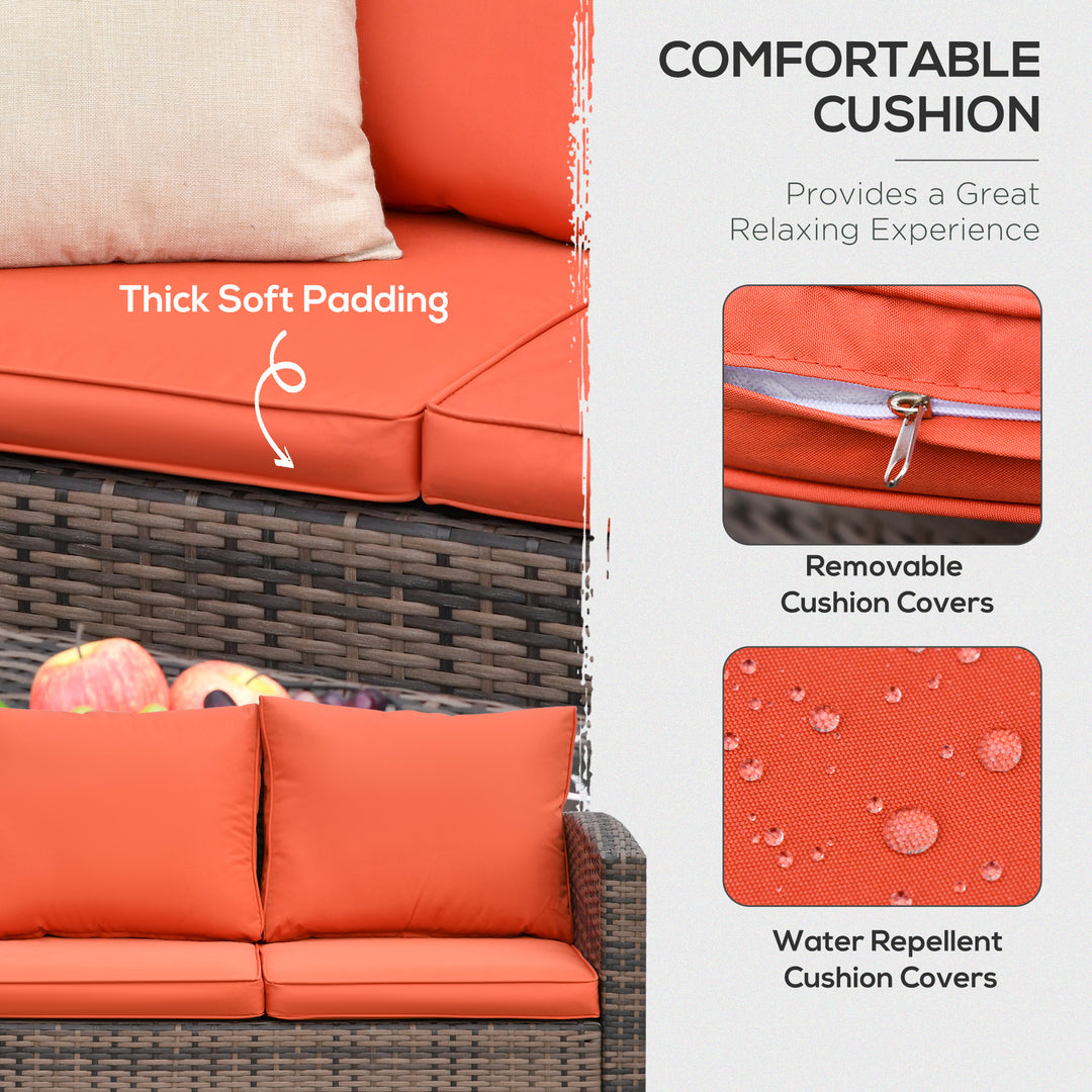 6 Pieces Rattan Garden Furniture Set, 7 Seater Wicker Outdoor Furniture Set with Storage Tea Table & Side Table, Sectional Garden Sofa Set with Cushions, Orange