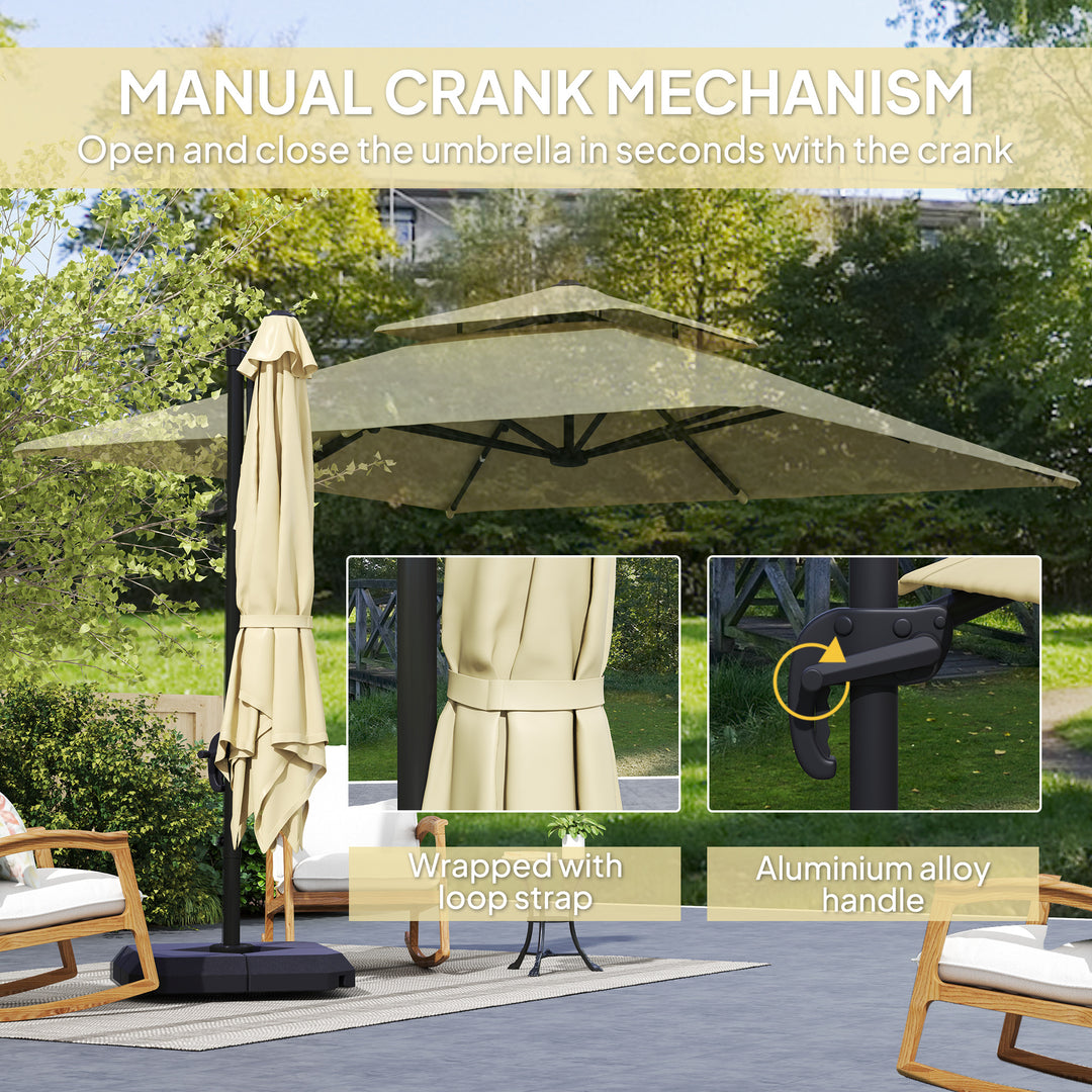 2.7 x 2.7(m) Cantilever Parasol with Aluminium Frame, Crank and Tilt, 360-Degree Rotation, Double Top Garden Umbrella with Base and Cover, Khaki