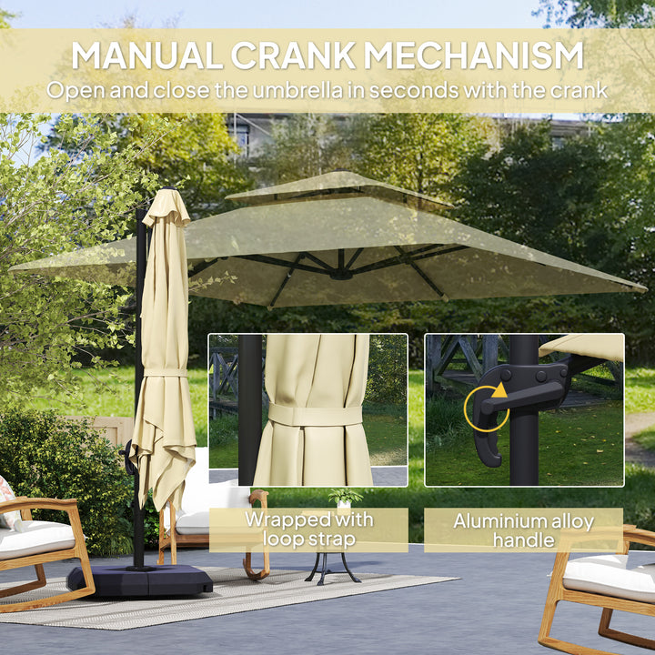2.7 x 2.7(m) Cantilever Parasol with Aluminium Frame, Crank and Tilt, 360-Degree Rotation, Double Top Garden Umbrella with Base and Cover, Khaki
