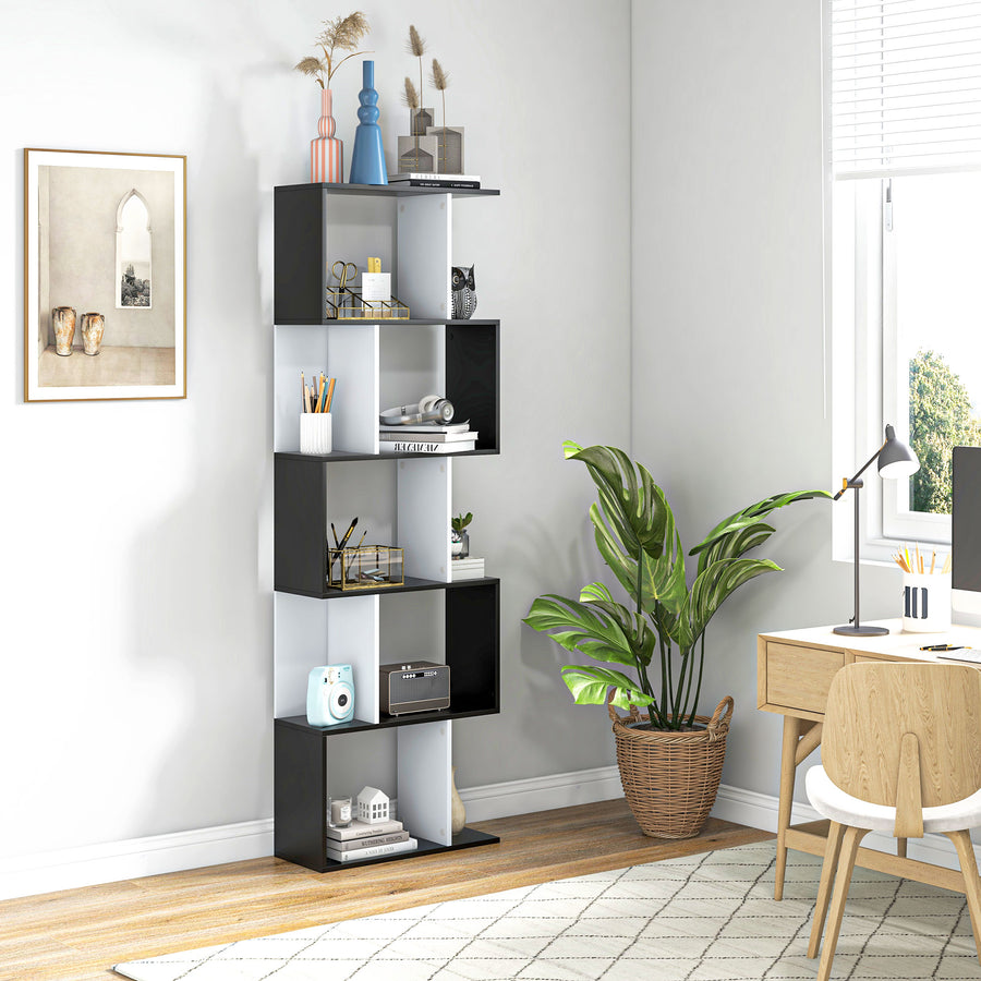 Bookcase, S-Shaped Wooden Bookshelf, 5/6 Tiers Freestanding Storage Shelf, Home Office Decorative Display Stand Rack, Black and White, 24D x 60W x 184.5H