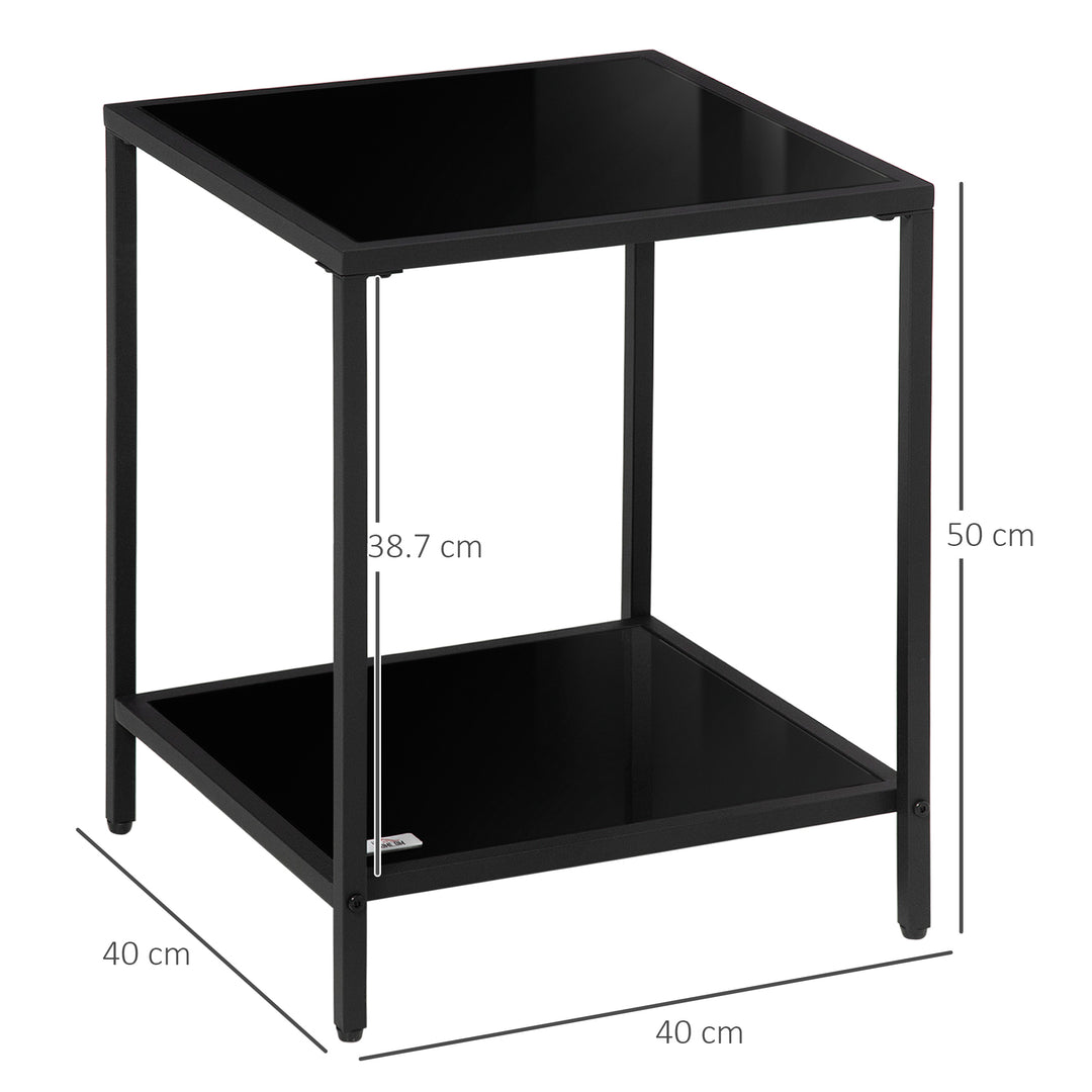 HOMCOM Side Table with Tempered Glass Top, End Table with 2-Tier Storage, Classic Accent Table with Steel Frame, Black