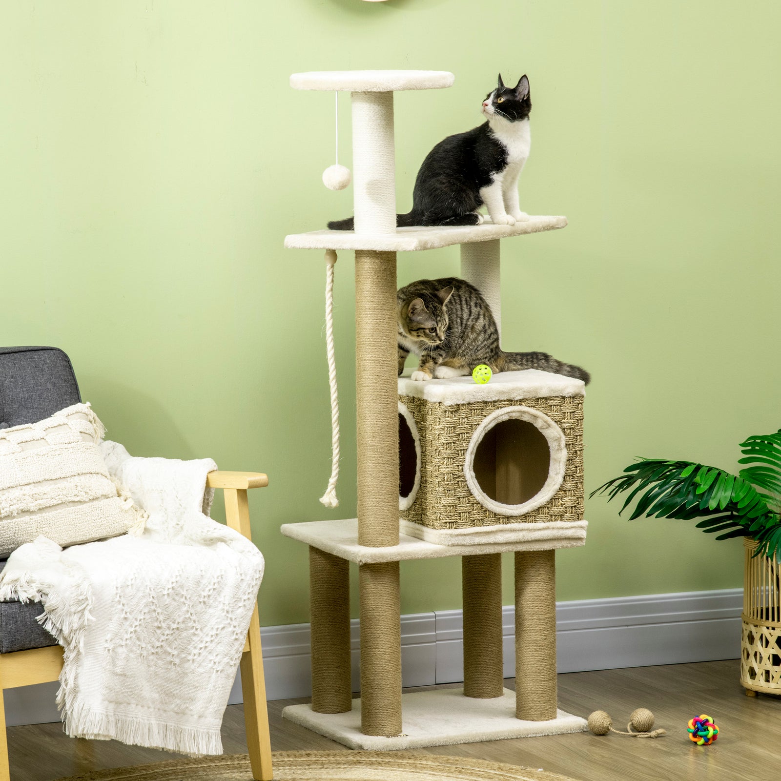 Cat Tree, with Scratching Post, Cat House & Hanging Toy Ball - Beige