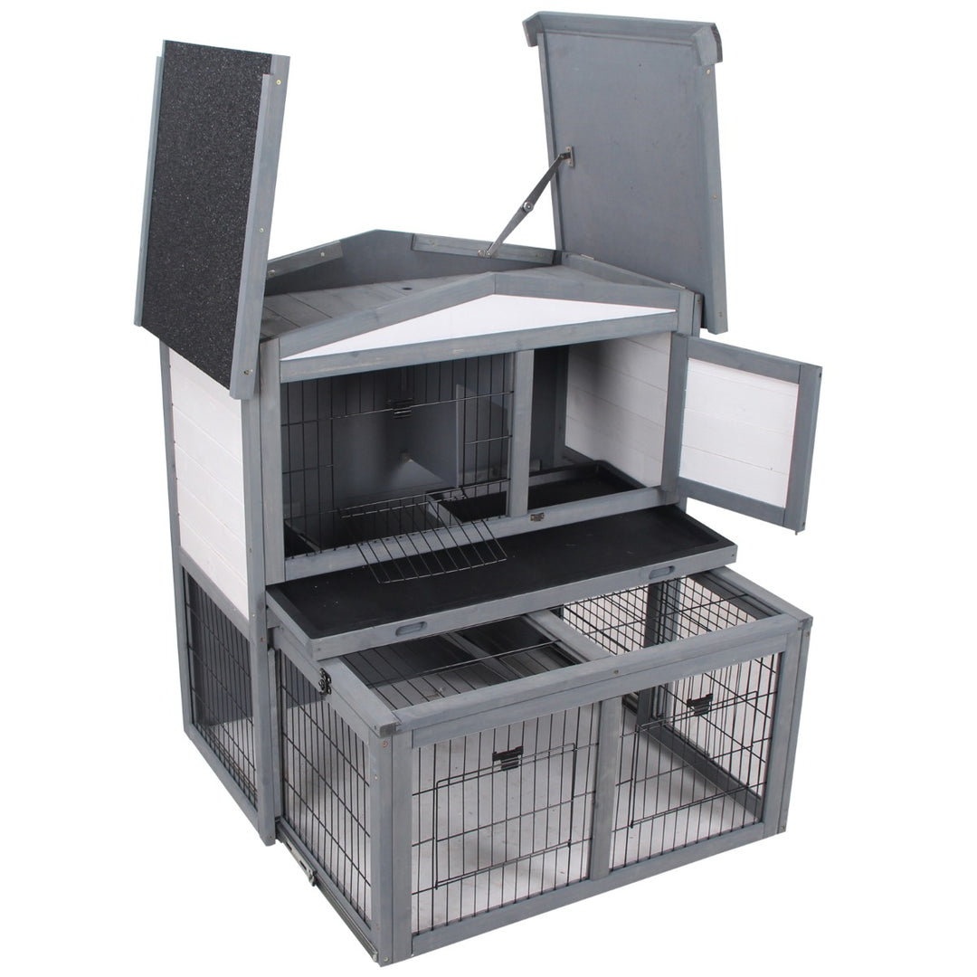 Rabbits 2-Tier Fur Wood Outdoor Hutch Guinea Pigs Hutches Grey