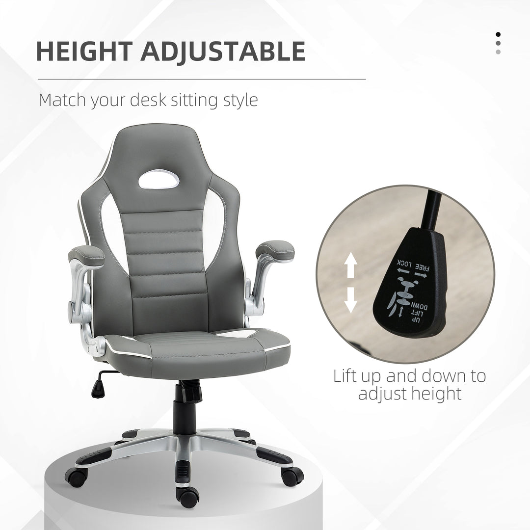 Computer Gaming Chair, Office Desk Swivel Chair, PU Leather Racing Chair with 90° Flip-up Armrest, Adjustable Height and Rolling Wheels, Grey