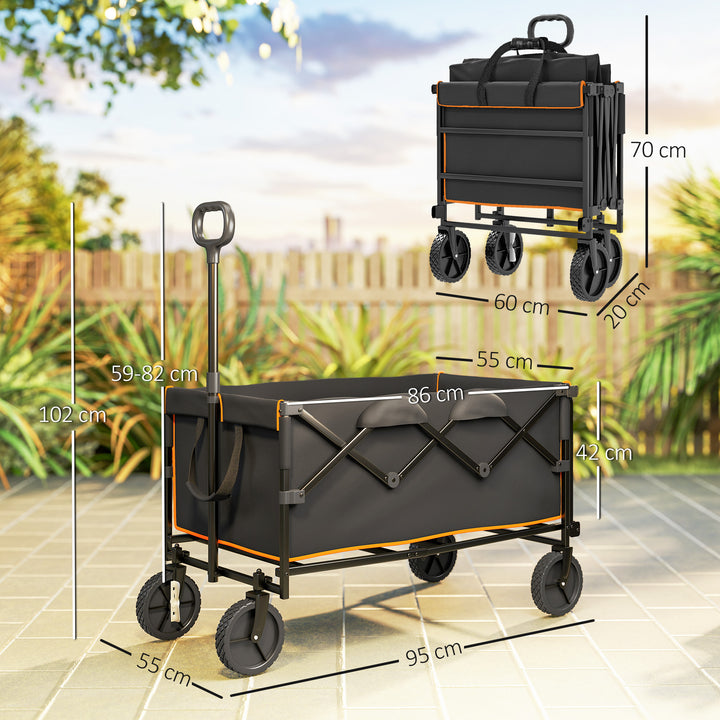 160L Festival Trolley on Wheels, Folding Camping Trolley Cart w/ Tailgate, 100kg Heavy Duty Garden Collapsible Folding Wagon w/Adjustable Handle, Carry Bag for Beach Picnic, Black and Orange