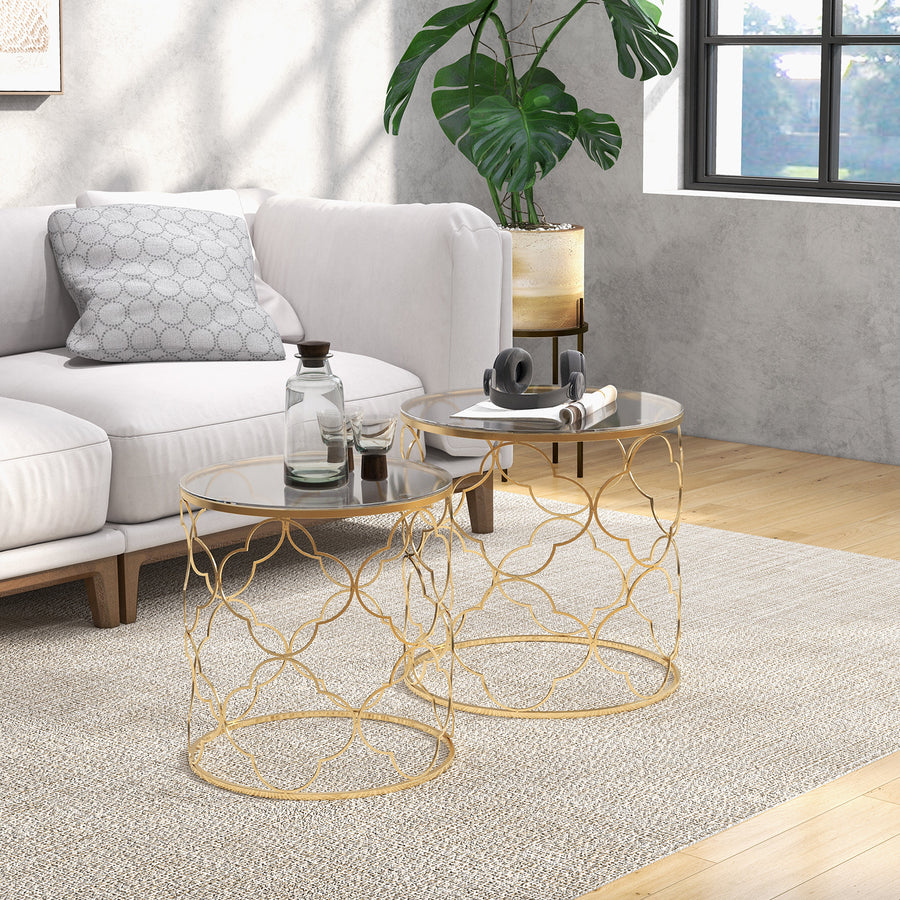 Nesting Tables Set of 2, Modern Stacking Side End Table with Tempered Glass Top, Metal Frame for Living Room Bedroom Office, Gold Tone