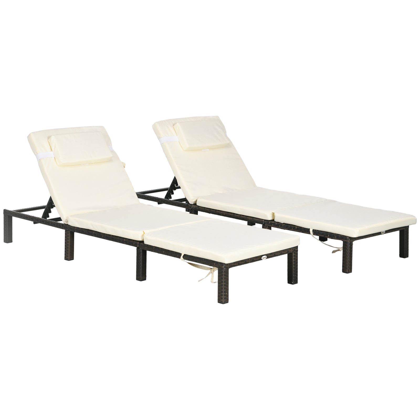 Set of Two Reclining Rattan Sun Loungers, with Cushions - Brown/Cream