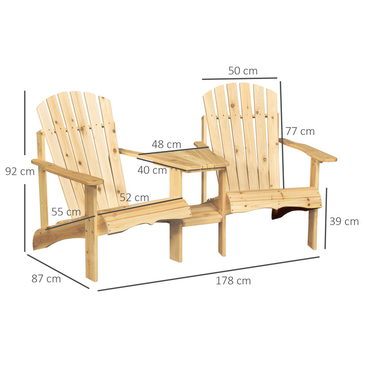 Wooden Outdoor Double Adirondack Chairs Loveseat w/ Centre Table and Umbrella Hole, Garden Patio Furniture for Lounging and Relaxing, Natural