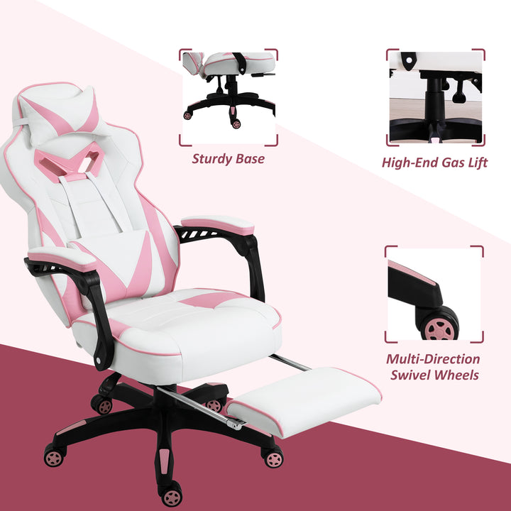 Computer Gaming Chair, Racing Desk Chair with Lumbar Support and Footrest, PU Leather Gamer Chair with Headrest and Swivel Wheels for Home, Pink