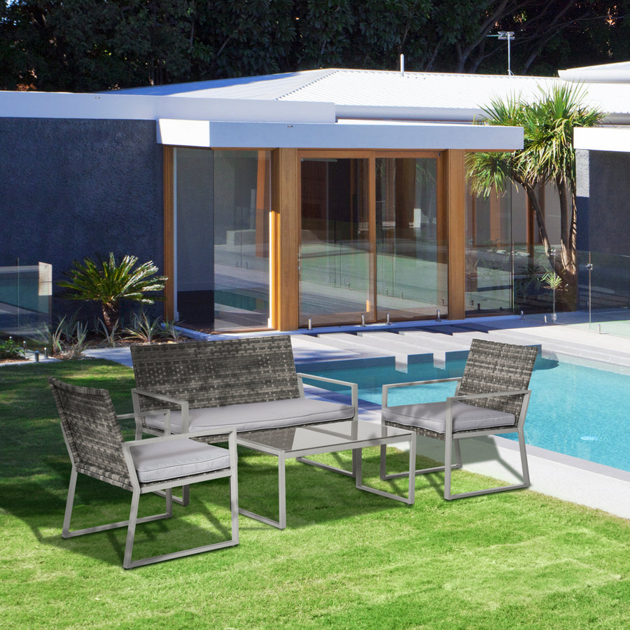 4PC Rattan Garden Furniture Set 2 Single Sofa Arm Chairs 1 Bench with Cushions & Coffee Table Patio Backyard Wicker Weave