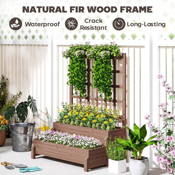 2-Tier Raised Garden Bed with Trellis, Wooden Elevated Planter Box with Drainage Holes, Outdoor Raised Planter for Climbing Plants, Fruits, Vegetables, Flowers, Brown