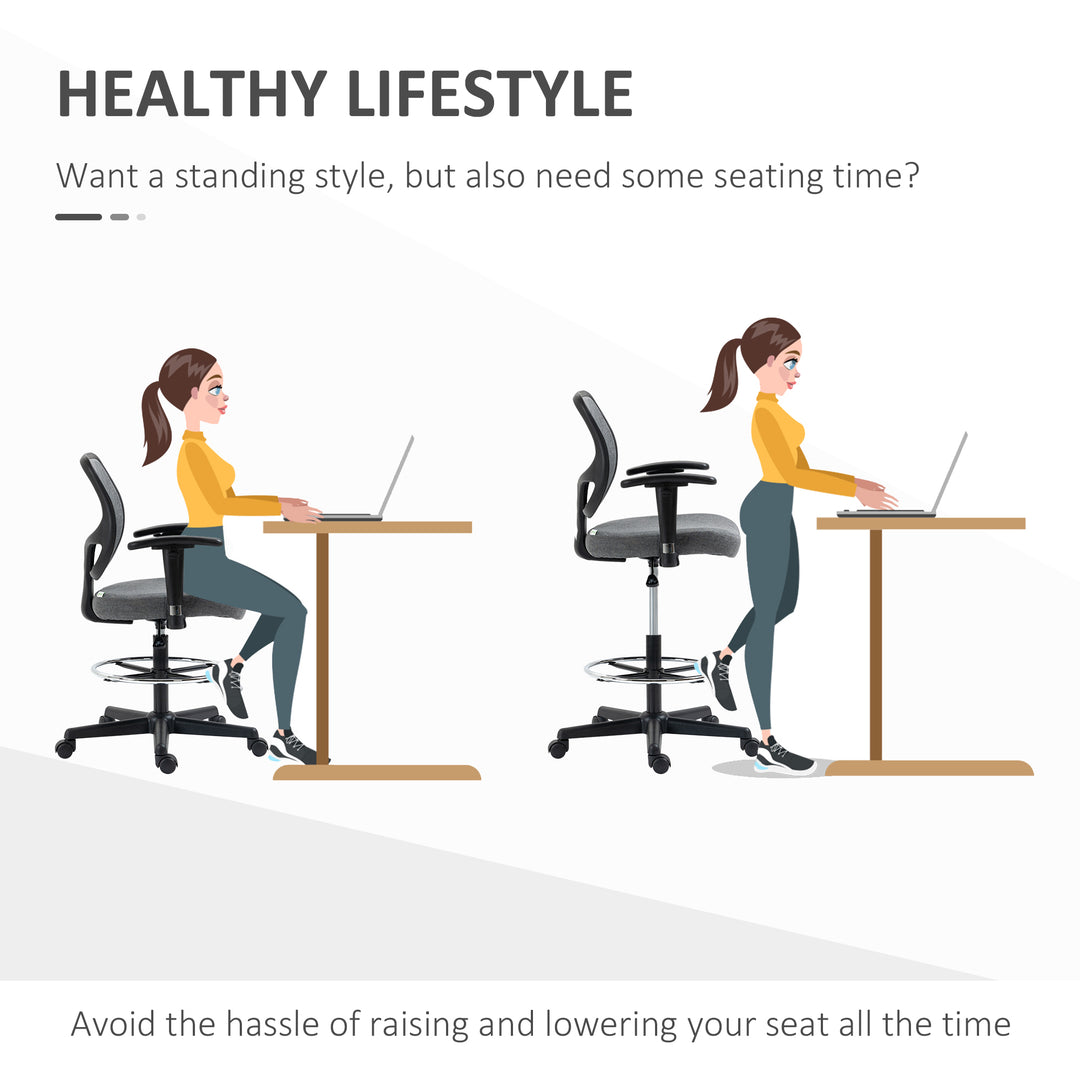 Drafting Chair, Fabric Office Chair, Ergonomic Painting Chair with Height Armrest Adjustable and Foot Ring, 360° Swivel Stool Chair for Standing Desk, Grey