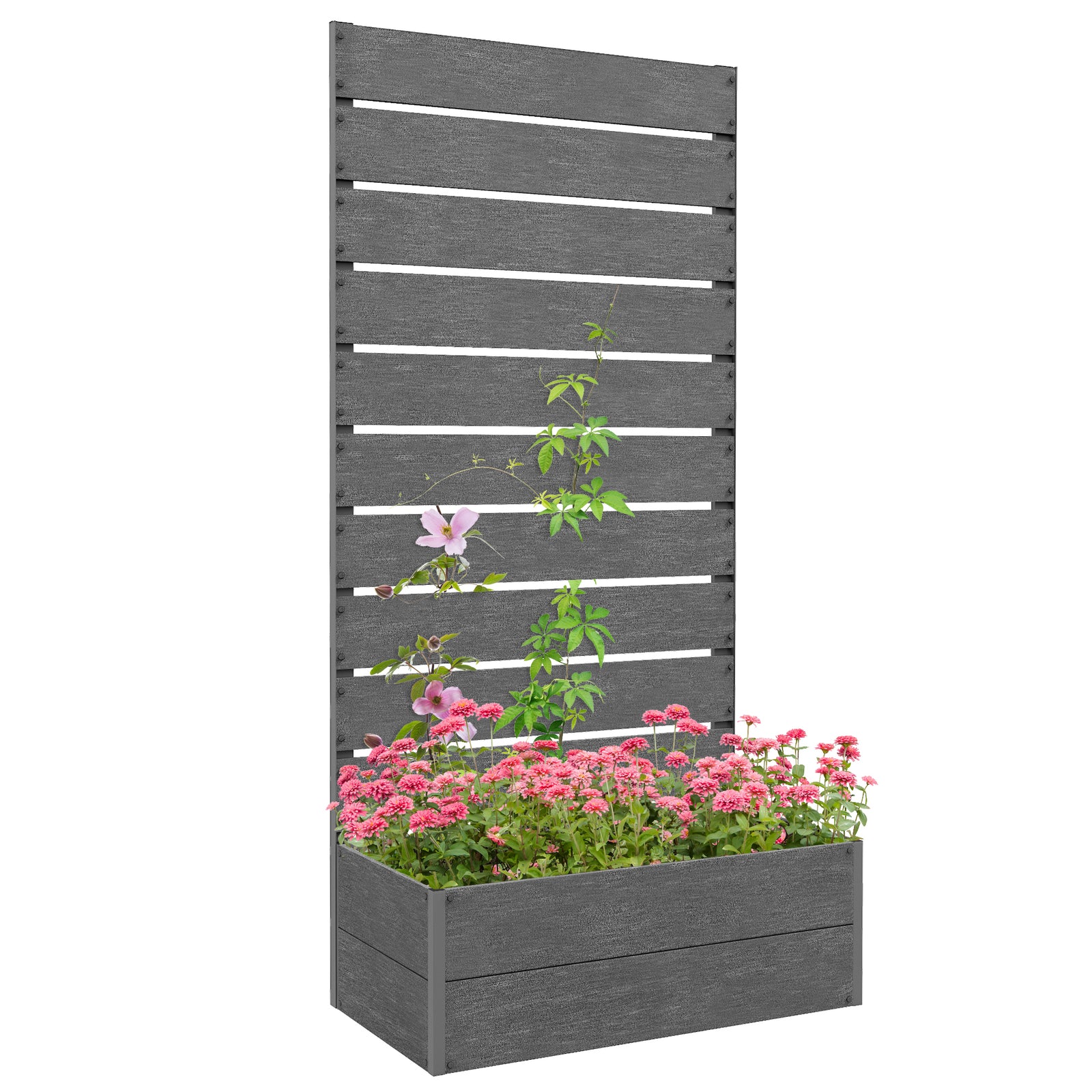 34 x 69.5cm Garden Planter Box, with Back Trellis, Grey
