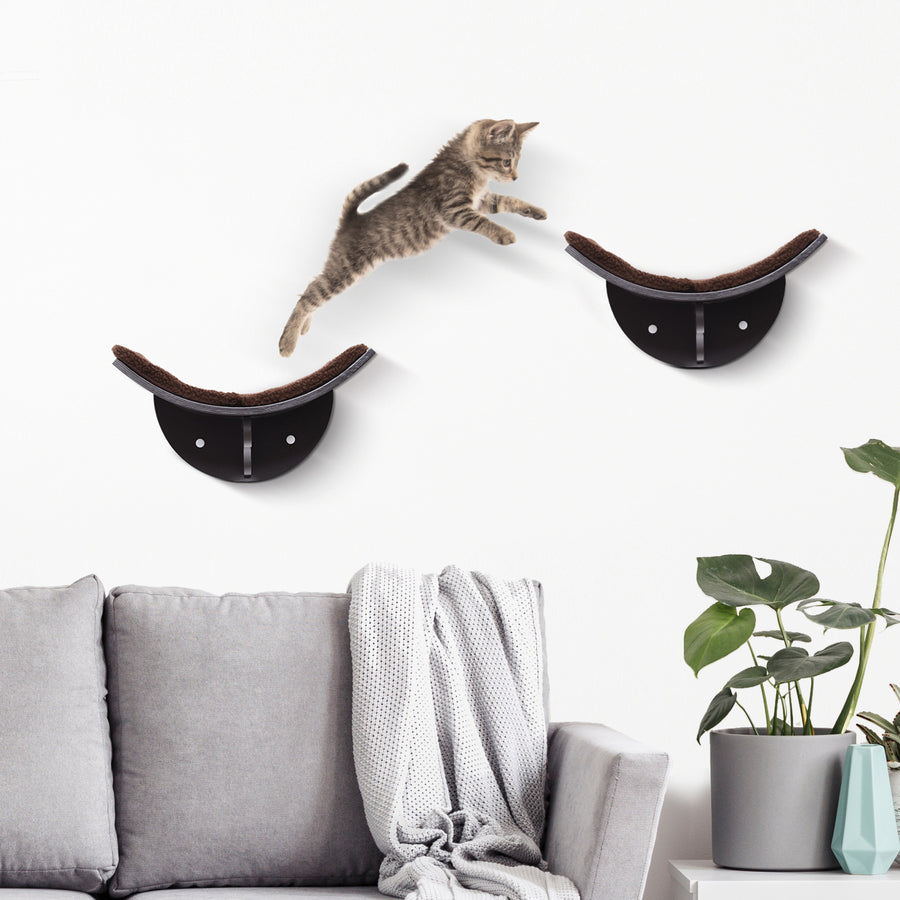 Wood Cat Shelves, Wall-Mounted Cat Shelter, Curved Kitten Bed Perch Climber Furniture 41 x 28 x 21cm Brown